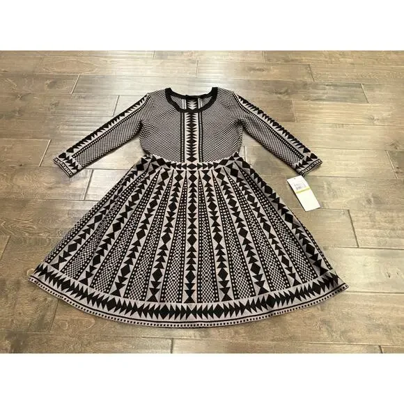 Nina Leonard Womens Geometric Print Mink Black Knit Sweater Dress Size L NWT NEW - Picture 2 of 10